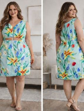 NY&Co XXL Floral Sleeveless Dress Blue Tropical Zip Front Cutout Summer Midi NEW